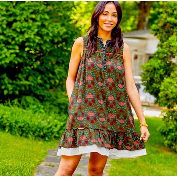 Matilda Jane Breaking Ground Green Floral Print Lace Trim Shift Dress Sz XS - Picture 1 of 9